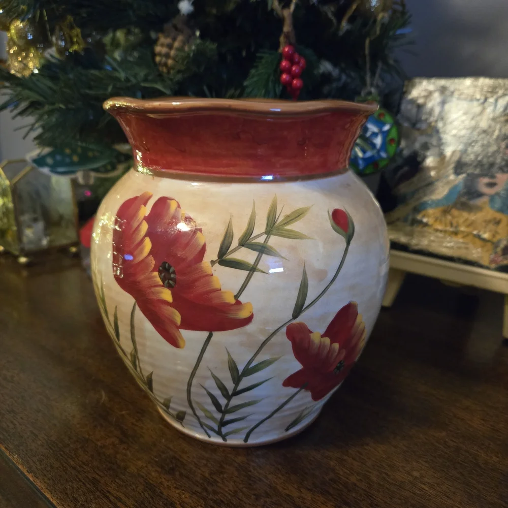 Pier 1 Imports Poppies Vase Hand-Painted Floral Earthenware 7”